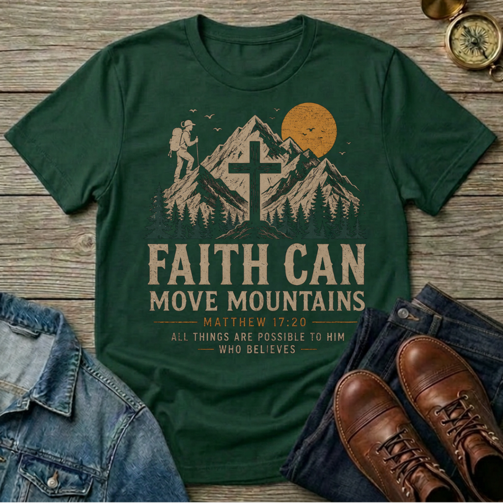Faith Can Move Mountains T-Shirt — Christian Mountain Hiking Design
