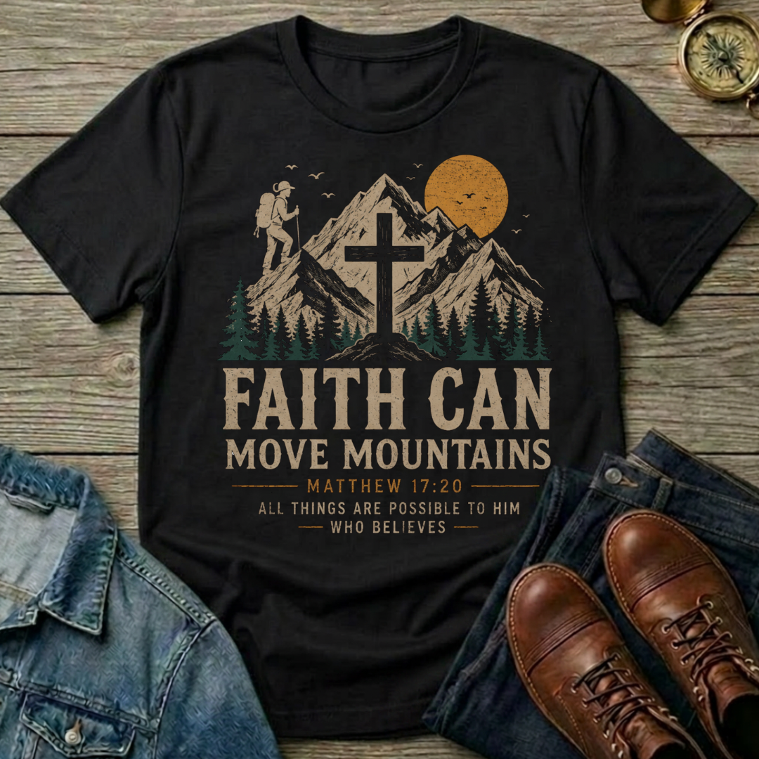 Faith Can Move Mountains T-Shirt — Christian Mountain Hiking Design