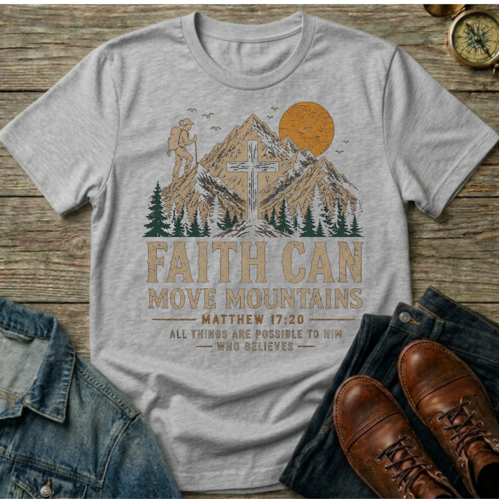 Faith Can Move Mountains T-Shirt — Christian Mountain Hiking Design