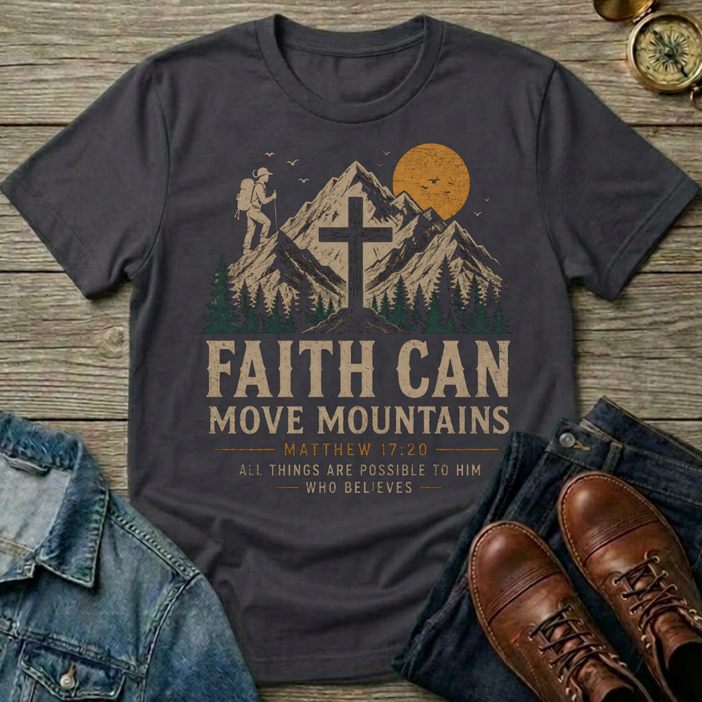 Faith Can Move Mountains T-Shirt — Christian Mountain Hiking Design