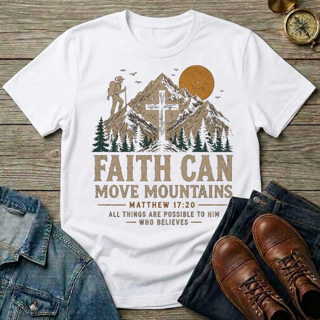 Faith Can Move Mountains T-Shirt — Christian Mountain Hiking Design