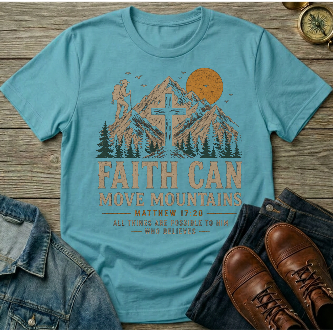 Faith Can Move Mountains T-Shirt — Christian Mountain Hiking Design