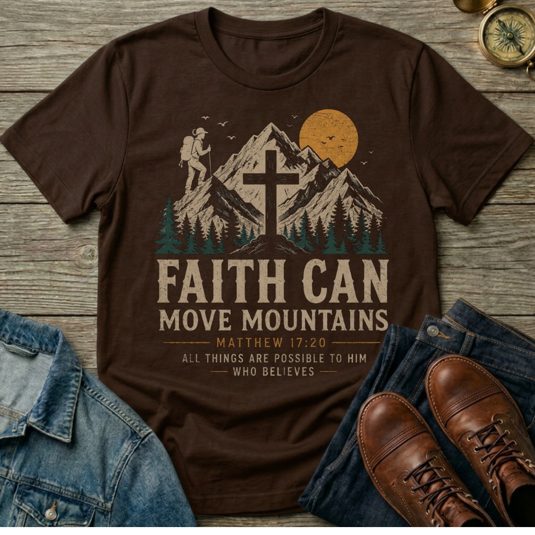 Faith Can Move Mountains T-Shirt — Christian Mountain Hiking Design