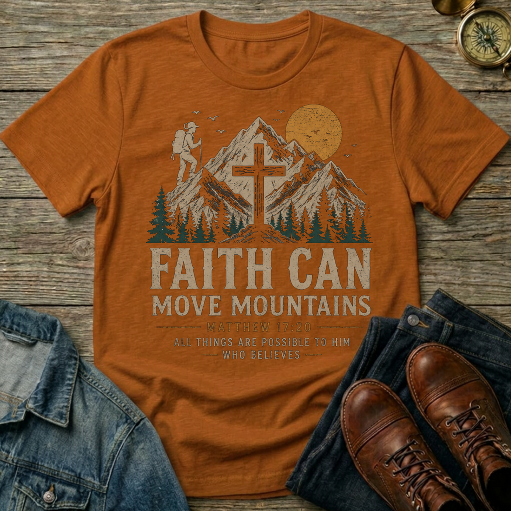 Faith Can Move Mountains T-Shirt — Christian Mountain Hiking Design