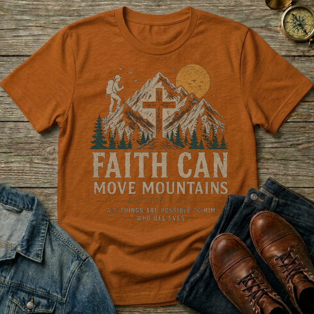 Faith Can Move Mountains T-Shirt — Christian Mountain Hiking Design