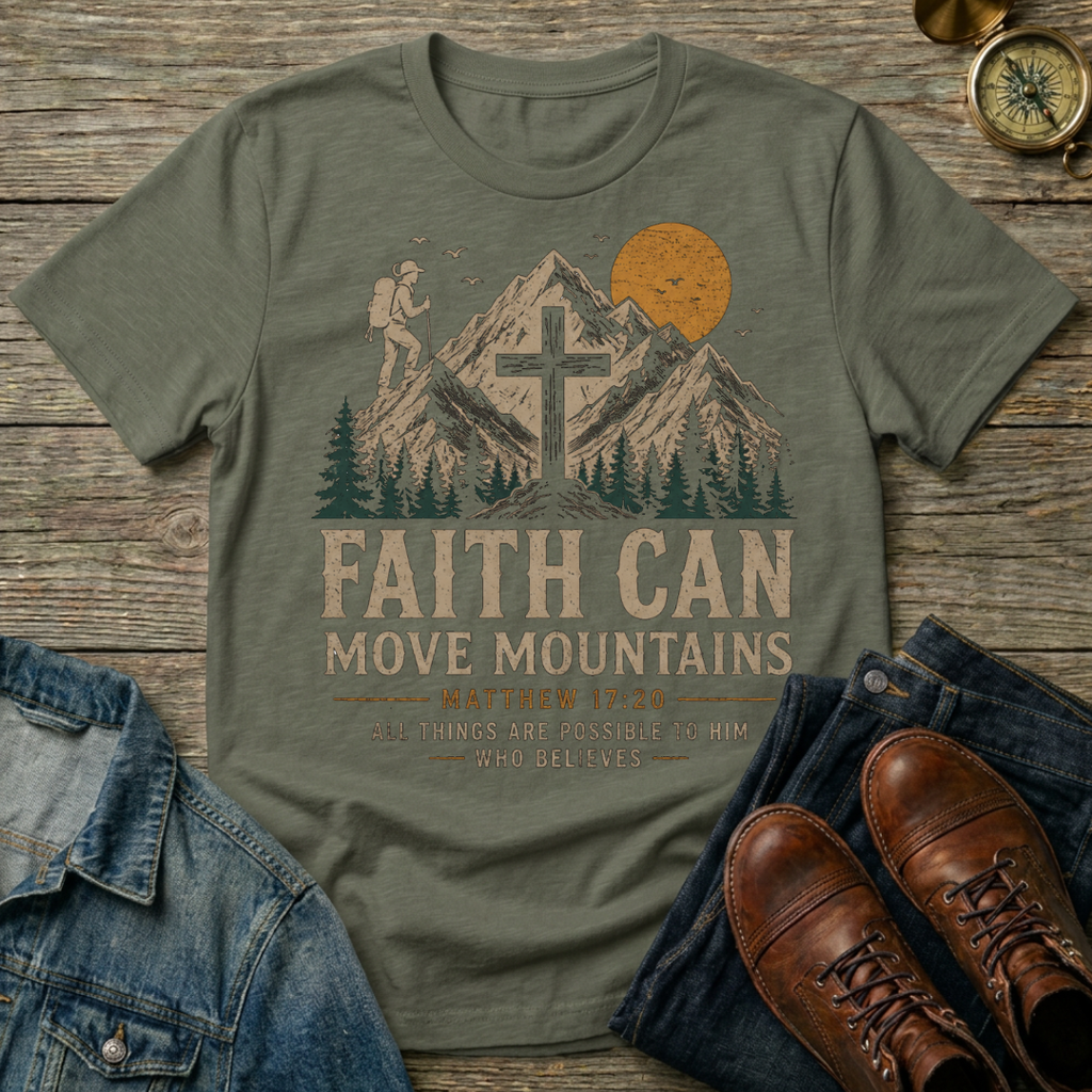 Faith Can Move Mountains T-Shirt — Christian Mountain Hiking Design